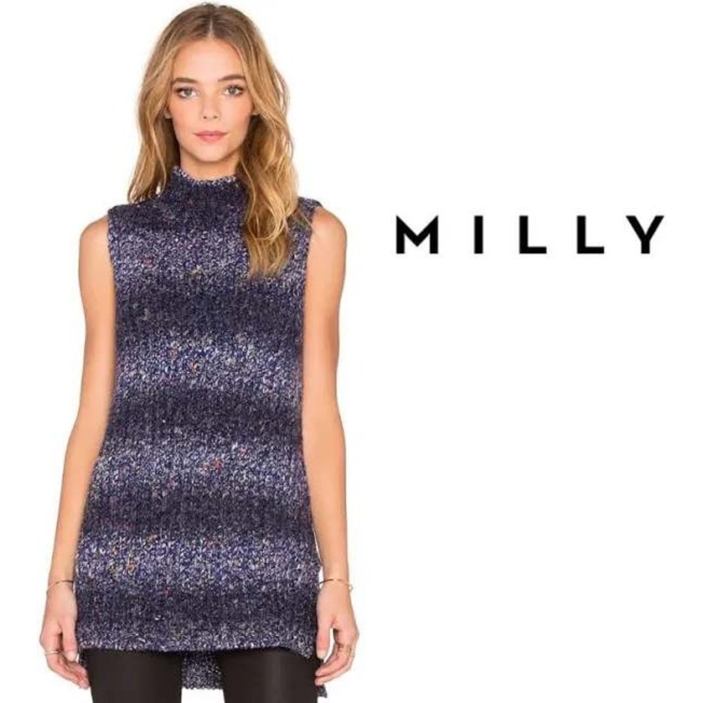 Milly Talian Ombre Tunic Women's‎ S Chunky Knit Sweater Mock Neck Blue Multi